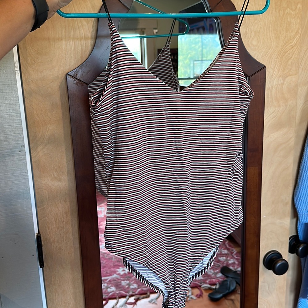gaze medium women’s bodysuit. Stripes with white, black and mauve. SUPER soft